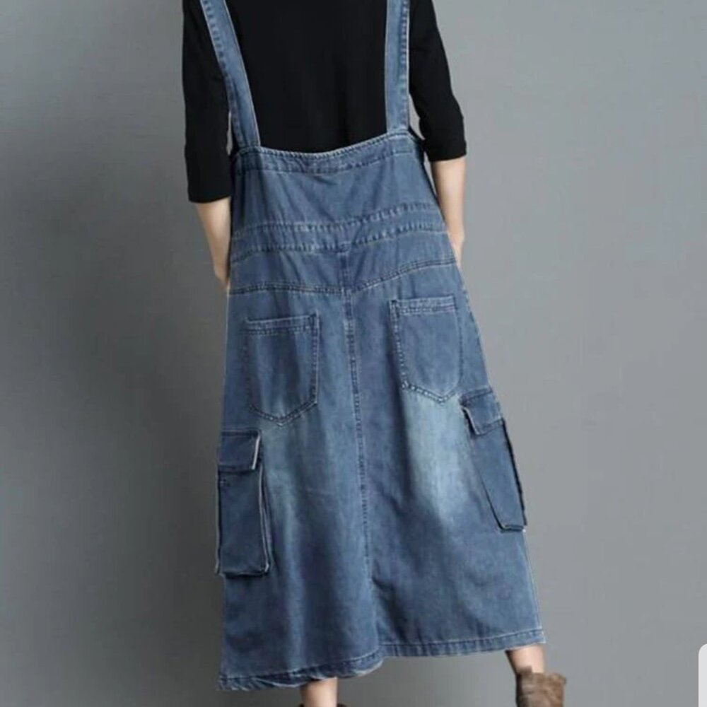 Denim Cargo Overalls Dress with Zipper Size M NWTO - Picture 6 of 9
